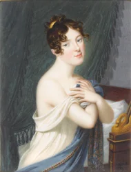 A Lady, Standing Before a Bed and Green Drapery, Holding Her White Chemise and Blue Embroidered Stole to Her Chest, a Gold Comb in Her Curled and Upswept Hair