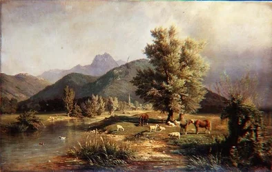 Mountainous Wooded Landscape with Horses and Sheep