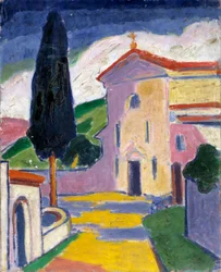 Church with Cedar Tree on Left