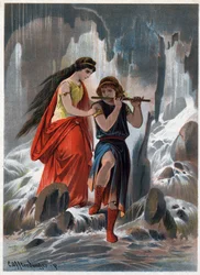 Prince Tamino and Princess Pamina crossed the water trunks that flowed without fear and the prince continued to play the flute. Illustration by Carl Offterdinger (1829-1889) in “The Enchanted Flute”. (Die Zauberflöte, flauto magico, The Magic Flute) Pri