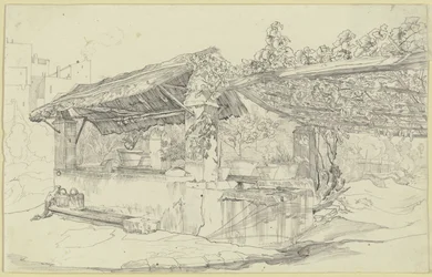 Thatched Well House and Wash Trough beside a Vine Arbor