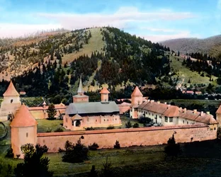Sucevita Monastery located on the Sucevita rivulet valley, image date: circa 1920, Carl Simon Archive