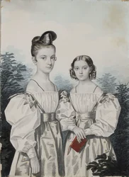 Portrait of Sisters Anna Petrovna 1822-1905 and Elena Petrovna 1824-1860 Ushakov, 1830s