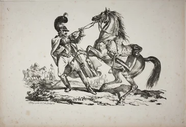 Cuirassier on Foot Holding Back His Rearing Horse