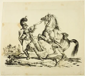 Cuirassier on Foot Restraining His Rearing Horse