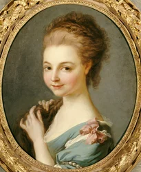 A Girl in a Blue Dress with a Pink Ribbon