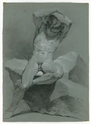 Nude study of a seated man, arms crossed above his head