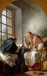Saint Gregory the Great dictating his Homilies, inspired by the Holy Spirit symbolized by a dove, Painting by Carle Van Loo, 1764