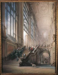 King Victor Emmanuel II, Cavour, Ministers and the Court Going Down Staircase in Senate in Turin, After Opening Speech at Sub-Alpine Parliament