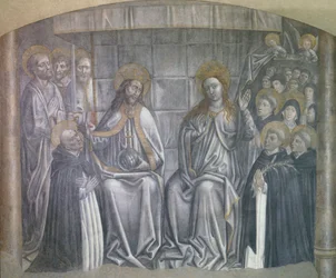 Christ giving world to Saint Dominic in presence of Virgin Mary, fresco by Carlo Braccesco