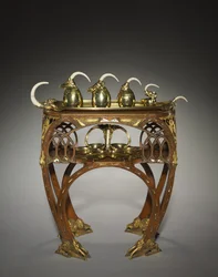 Tray with Cream Pitcher, Covered Sugar Bowl, Tea Pot, Hot Water Pot and Salver, and Table