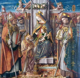 Enthroned Madonna with the Child, the Key Handover to Apostle Peter, and Saints John Capistranus, Emidius, Francis, Louis of Toulouse, Blessed Giacomo della Marca, and a Bishop