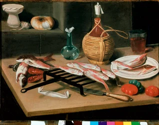 Still Life Table with grilled fish plates and bottle of wine. Painting by Carlo Magini. Faenza, Pinacoteca comunale