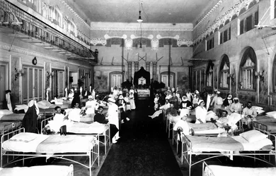 Decorated Salon at a Hospital with War Wounded and Red Cross Nurses