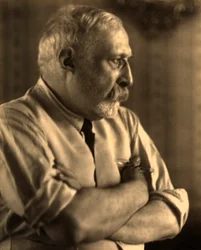 Profile portrait of the painter, Arturo Rietti with his arms folded