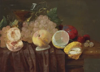Grapes, Peaches, a Lemon, Plums, Cherries and a Roemer on a Partially-Draped Table