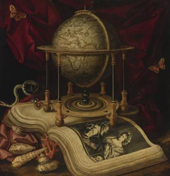 Vanitas Still Life with a Terrestrial Globe, a Book, Shells, a Snake and Butterflies