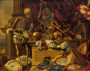 Vanitas Still Life with musical instruments, books, sheet music, skeleton, skull and armour, 17th century