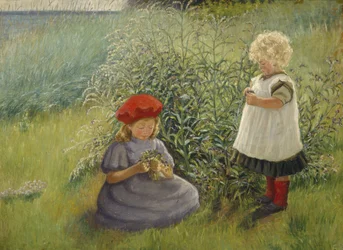 Two girls picking flowers