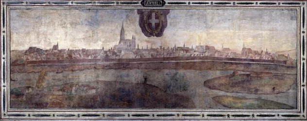 View of the City of Vienna, Austria. View of the Cities of the Habsburg Empire. Fresco of the Michelozzo Court at the Palazzo Vecchio in Florence. Painting by Sebastiano Veronese Giovanni Lombardi, Cesare Baglioni and Turino da Piamonte, circa 1565