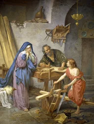 Joseph, Mary and Jesus in the carpentry