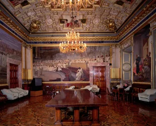 The Sala Maccari Room richly decorated with gilt stucco and scenes of Roman history, detail of panel depicting a Roman senate, 1882-88