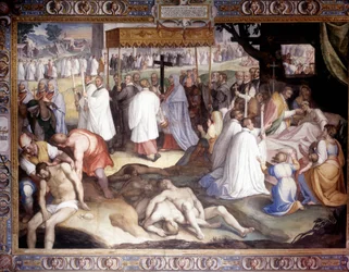Plague of Milan: Saint Charles Borromeo (1538 - 1584) communates the moribunds. Fresco by Carlo Nebbia at Borromeo College in Pavia. 16th century