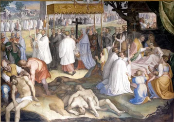 Saint Charles Borromeo Communized the Dying Pestiferous People During the Plague from 1575 to 1577 in the Lazaret of Milan. Fresco by Charles Nebbia at Borromeo College in Pavia (Milan)