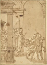 Two Figures Struggling before a King