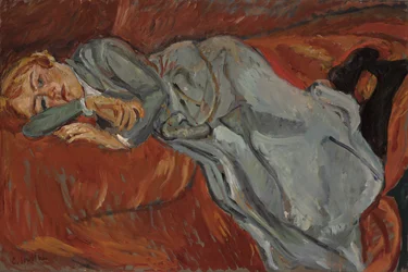 Woman Lying on a Red Couch