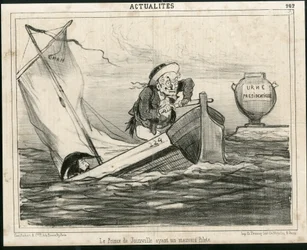 Illustration of Cham (1819-1879) in Le Charivari, circa 1850 - The Prince of Joinville having a bad pilot - Elections, President of the Republic, Maritime Marine Nautique Balneaire - Thiers Adolphe, François d