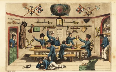 Johnny Newcome bringing rum to his fellow officers in the midshipman’s mess