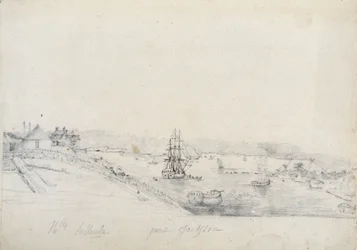 On the right, the camp of the French of the Baudin expedition to Bennelong point, left, Sydney, home of Nicolas Bayley- pencil and ink by Charles Alexandre Lesueur