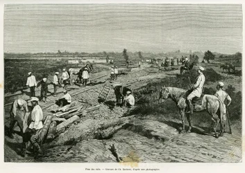 Laying the transcaspian rails. Engraving by Ch. Barbant to illustrate the story Voyage a Merv, by Edgar Boulanger, in le tour du monde 1887, directed by Edouard Charton
