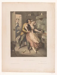 Man is caught while kissing the kitchen maid. Caught and surprised! (title on object)