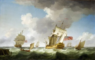 A British East India Company trading ship in strong wind, near the pier, which it has just left
