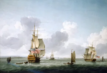 A ship with two decks and a frigate going up the Thames, off Gravesend