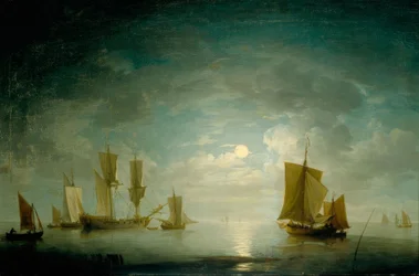 An English Frigate and Coastal Craft Becalmed by Moonlight