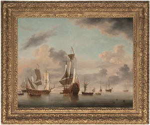An English two-decker of forty guns riding at anchor off a coast with a galliot close by and five men-o
