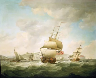 Trading ship and a royal yacht beaten in the wind, off the coast of Dover