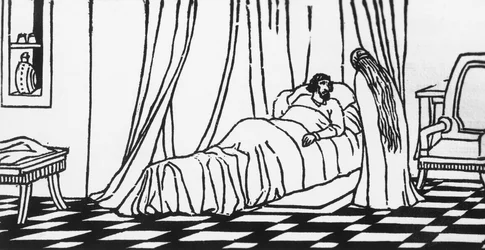 Melisande visiting Golaud in bed after falling from his horse, woodcut for Pelleas and Melisande by Maurice Maeterlinck