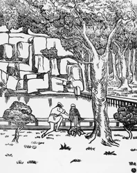 People looking at source, woodcut for Pelleas and Melisande by Maurice Maeterlinck, published by Claudio Argentieri, Spoleto, Italy