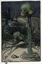 An inhabitant of the planet Mars. Illustration by M. Dudouyt for the novel by H.G. Wells 