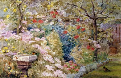 A Summer Garden with Birds, Flowers, and Fountain