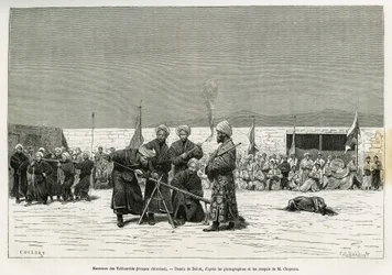 Exercises of manipulating Taifourchi bulwark rifles, troops armed and trained by the Chinese military, drawing by Delort, to illustrate the memories of an English embassy in Kachgar (or Kashi, China) in 1873-74, by Mr. Chapman and Gordon. Engraving in Le t