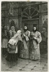 Priests giving a kiss to the holy images (Engraving by Ch. Delort)