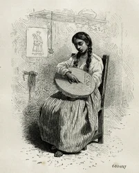 The embroiderer, in Salento, region of Quindio (Colombia), engraving by Ch.Delort, to illustrate the story of America Equinoxiale by E.Andre, mission assignment by the French government, published in the tour du monde, under the direction of Edouard Charto