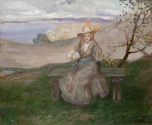 Girl with a bouquet above Swanage Bay, 1899