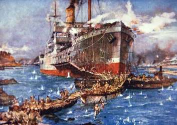 British troops from the River Clyde land at V Beach, Gallipoli, 25th April 1915