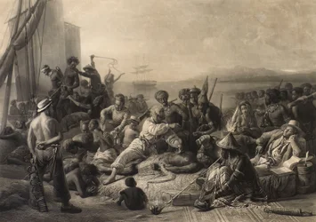 Scene on the Coast of Africa: Slaves and Slave Masters Await Transport Abroad